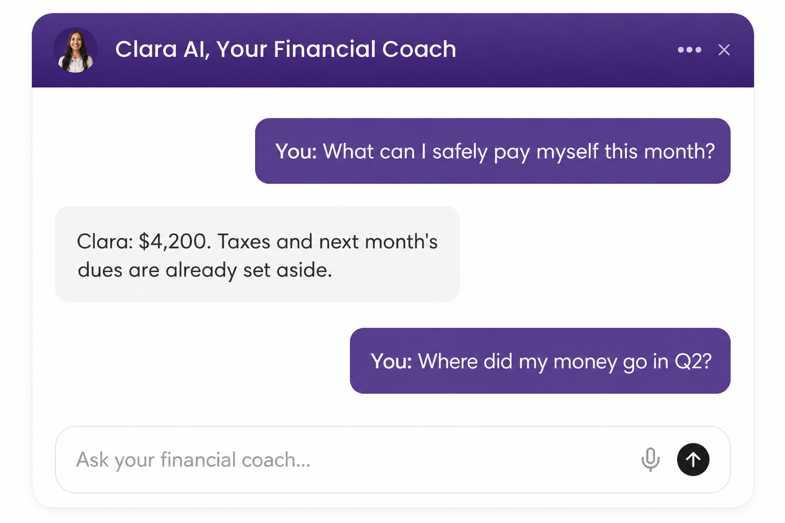 Clara AI chat answering how much you can safely pay yourself this month